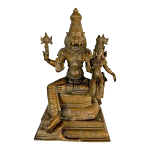 Early 20th Century Chola Style Bronze Lakshmi Narasimha Vishnu Statue South India Indian Hindu Antique Vintage