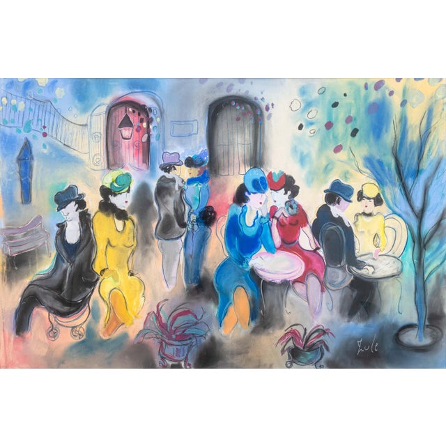 This vibrant pastel by Zule Moskowitz captures an animated cafe scene filled with elegantly dressed figures in flowing,...