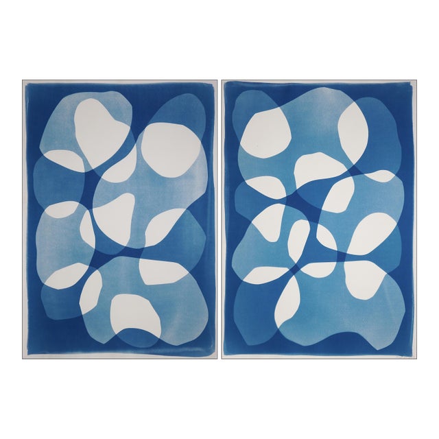 Sacks of Stones, Abstract Geometric Diptych, Modern Floating Shapes, Handmade Monotype Cyanotype on Watercolor Paper., 2026 For Sale