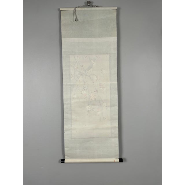 Early 20th Century Blue Bird & Cherry Blossoms, Japanese Hand-Painted Silk Kakejiku (Hanging Scroll), Early 20th C.entury For Sale - Image 5 of 11
