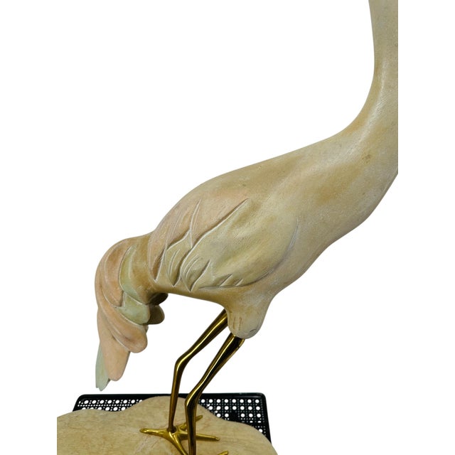 Beige Large Vintage 1970s Carved Wood Brass Crane Heron Egret Statue 28.5" MCM Hollywood Regency Coastal Decor For Sale - Image 8 of 12