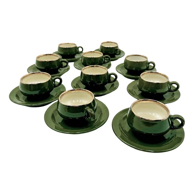 Empire Green Espresso Cups with Gold Trim by Helvetia Express, 1970s, Set of 10 For Sale
