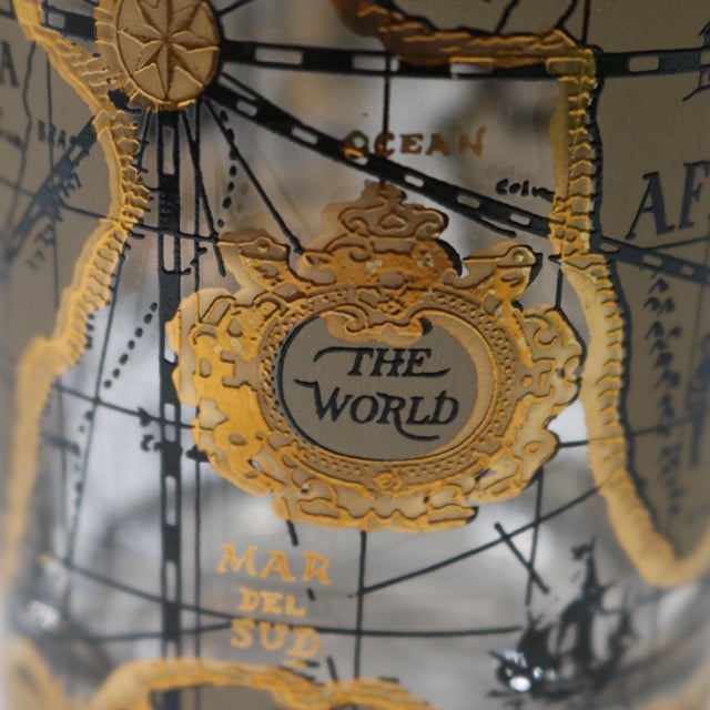 Metal Vintage Cera Glass Black and Gold Old World Map Pattern Highball Glasses - Set of 7 For Sale - Image 7 of 11