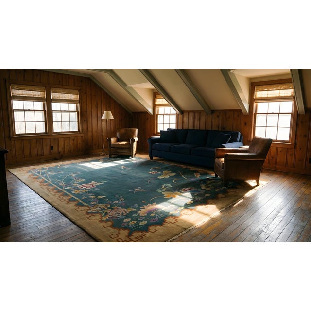 1920s Green Floral Modernist Chinese Art Deco Carpet 8'10" X 11'5" Knotted Wool Rug For Sale - Image 15 of 16