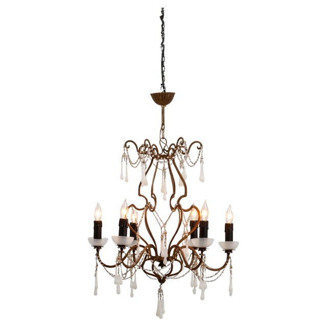 20th Century Italian Rococo Revival Gilt Metal Chandelier With Glass Drops For Sale - Image 15 of 18