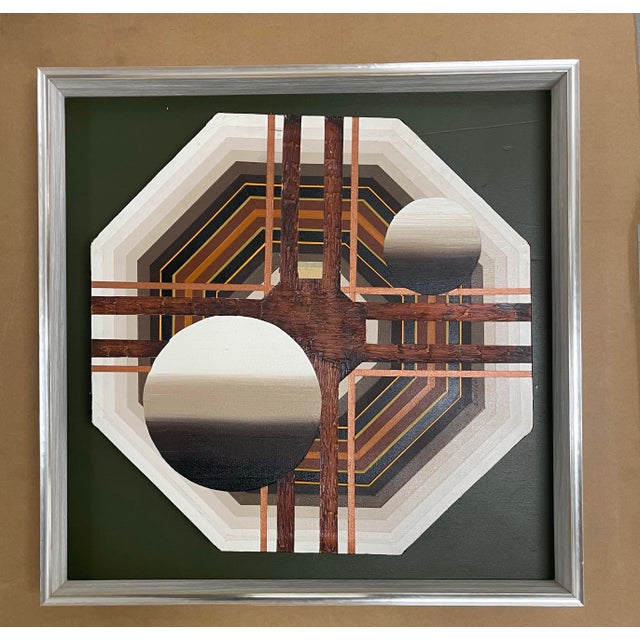 Vintage Mid-Century paintings (octagonal canvases) mounted in newly constructed shadow boxes with painted green wood...