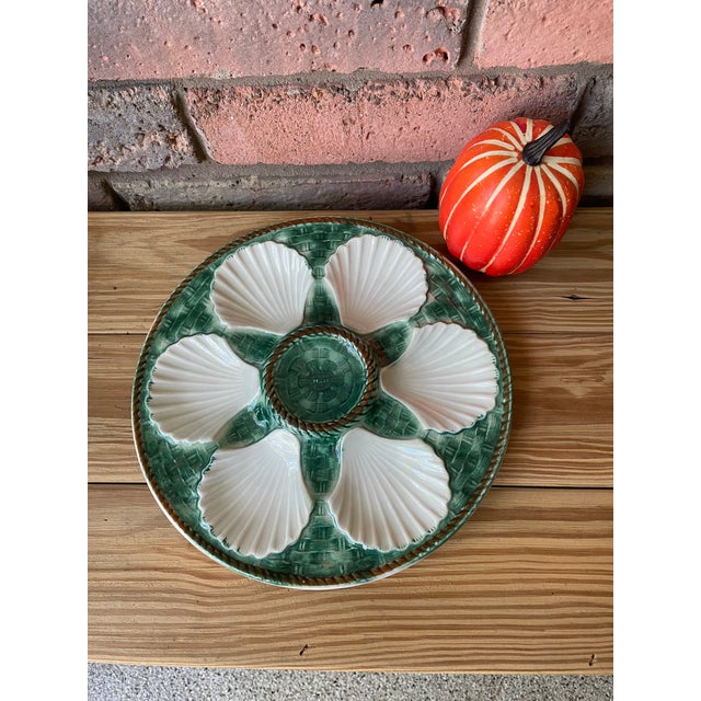 Vintage 1950s French Longchamp Green and White Oyster Plate For Sale - Image 16 of 16
