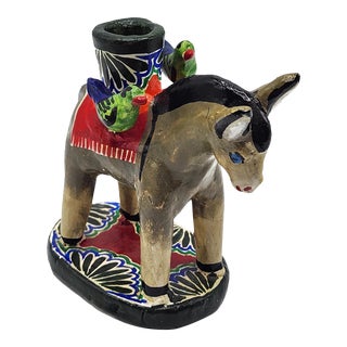 Late 20th Century Mexican Folk Pottery Burro Candle Holder For Sale