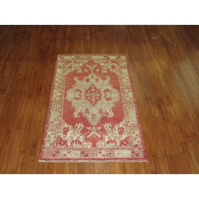 Folk Art Antique Zabihi Collection Watermelon Red Oushak Rug - 4'2" x 6'9" For Sale - Image 3 of 8