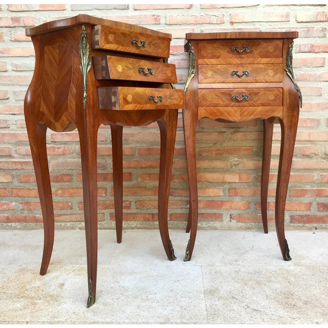 French Classic Louis Vx Style Marquetry Nightstands with Three Drawers, 1920s, A Pair For Sale - Image 11 of 18