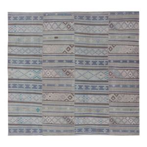 Square Vintage Neutral Paneled Kilim Flat-Weave in Neutral Muted Tones 10'10"x11'0"