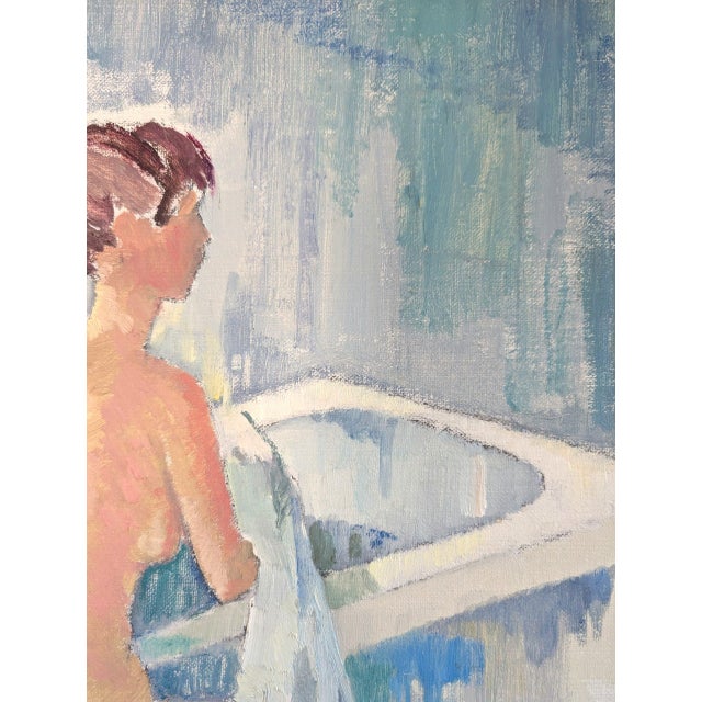Mid-Century Modern 'Bath Time' Figurative Portrait Oil Painting, Framed For Sale - Image 9 of 11