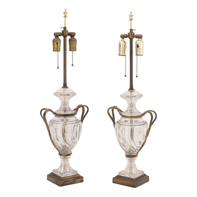 Pair of Regency Style Molded Glass and Brass Lamps For Sale