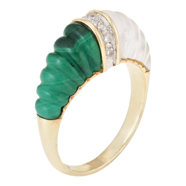Fluted Rock Crystal Malachite Diamond Dome Ring Vintage 14k Yellow Gold Estate For Sale