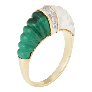 Fluted Rock Crystal Malachite Diamond Dome Ring Vintage 14k Yellow Gold Estate