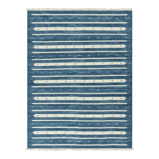 Rug & Kilim's Contemporary Dhurrie Rug in Blue with White Stripes - 6x9 For Sale
