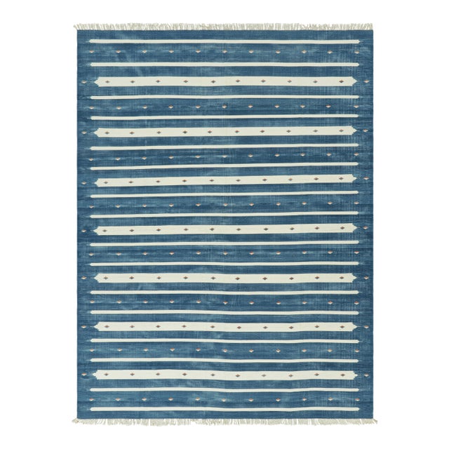 Rug & Kilim's Contemporary Dhurrie Rug in Blue with White Stripes - 6x9 For Sale