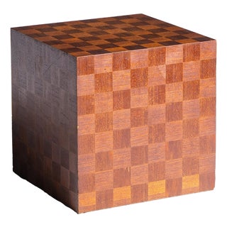 Thayer Coggin Style Mid Century Walnut Parquet Cube End Table For Sale