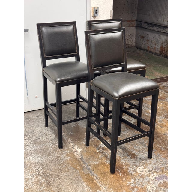 Italian Buying & Design Italian Black Leather Barstools, Set of Three For Sale - Image 3 of 12