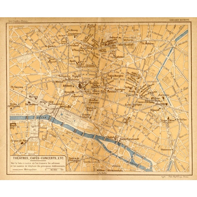Original map from an early 1900s tourist guide to Paris. Highly detailed showing streets in the central district of Paris....