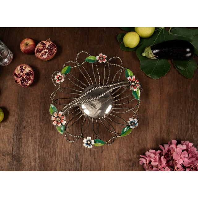 Mid-Century Modern Hollywood Regency Wire Basket with Floral Decor, 1950s For Sale - Image 3 of 10