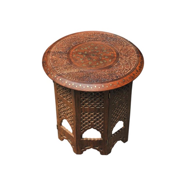 Wood Antique Middle Eastern Circular Carved Table with Repetitive Brass Floral Patterns, 1890s For Sale - Image 7 of 8