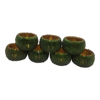 Vintage Beaded Emerald Napkin Rings Set of Seven For Sale