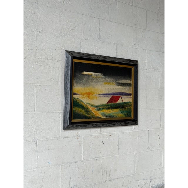 This landscape painting features a rural scene with a red-roofed house against a vibrant sunset sky. The expressive...