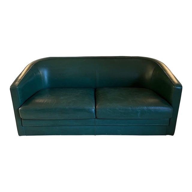Art Deco Style Three-Seater Sofa in Green Leather, Circa 1980 For Sale