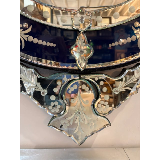 Ornate Dark Blue and Etched Glass Oval Venetian Mirror For Sale In New York - Image 6 of 10