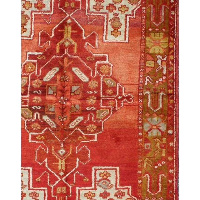 Colorful Antique Turkish Oushak with Red, Rose, Ivory, Yellow-Green & Yellow Turkish antique Oushak small carpet with...