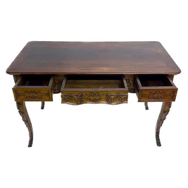 Antique Louis XV Style Walnut Bureau Plat Desk For Sale - Image 4 of 12