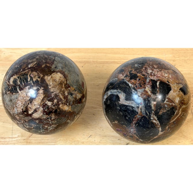 Pair Italian Grand Tour Style Brecciated Specimen Marble Spheres Carrara Bases For Sale - Image 13 of 14