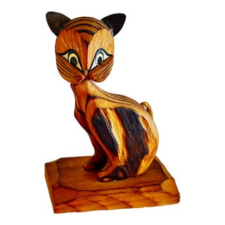 Vintage Mid-Century Carved Wood Springy/Bobble Head Cat Figurine For Sale