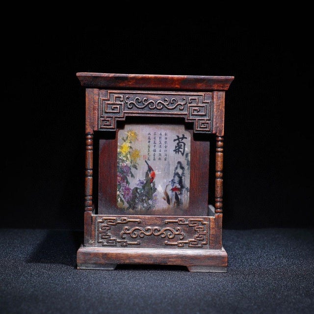 Brown 1960s Carved Hardwood Square Brush Pot, Chinoiserie Four Gentlemen Pen Holder For Sale - Image 8 of 9