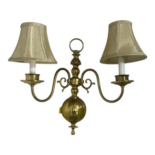 Vintage Leviton Dutch Colonial Style Solid Brass Two Wall Light Sconce With Shad For Sale
