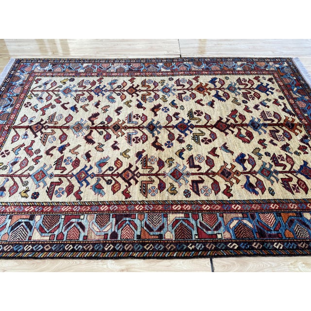 1970s Vintage Afghan Tree of Life Bird Rug in Ivory, Indigo and Madder Red For Sale - Image 5 of 9