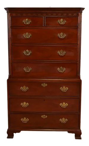 1980s Baker Furniture Georgian Carved Mahogany Eight-Drawer Highboy Dresser
