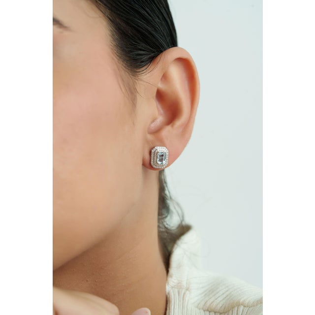 1.23ct Modern Aquamarine & Diamond Double Halo Stud Earrings 14k Gold- 2 Pieces For Sale - Image 12 of 16