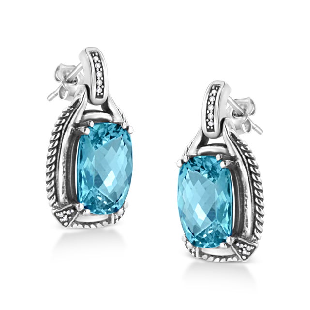 Contemporary .925 Sterling Silver 14x10MM Cushion Cut Blue Topaz Gemstone and Diamond Accent Dangle Earring (I-J Color, I1-I2 Clarity) For Sale - Image 3 of 6