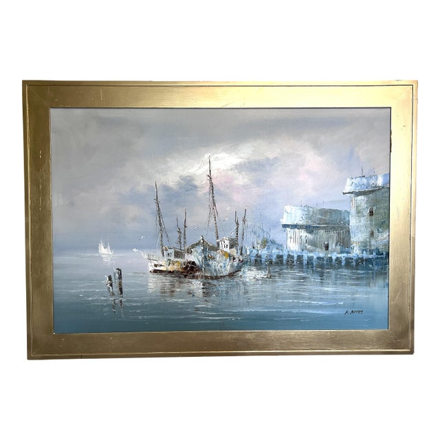 Original Oil Painting by K. Basset | Seascape Harbor Scene | Vintage Maritime Art For Sale
