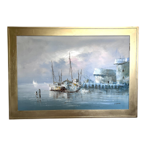 Original Oil Painting by K. Rasset | Seascape Harbor Scene | Vintage Maritime Art