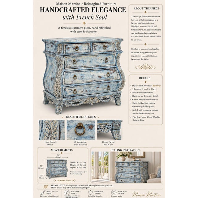 Maison Martine Coastal Blue Chest • Hand‑Refinished • 36” Artisan Dresser For Sale - Image 12 of 13
