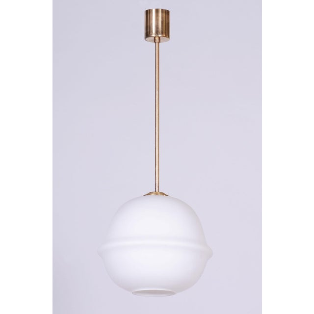 Metal Mid-Century Modern Pendant Light in Brass and Opaline Glass from Kamenický Šenov, 1960s For Sale - Image 7 of 7