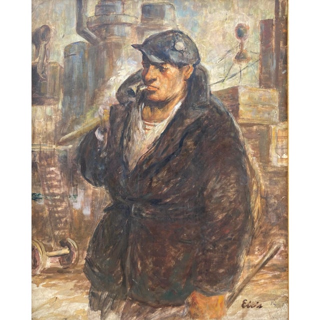 Elizabeth Corson Ellis Burkett (1917-2003) oil on panel of a man or longshoreman in an industrial scene. Signed lower...