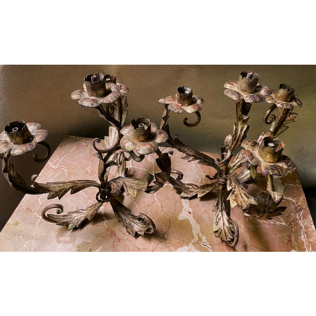 Italian Mid 20th Century Pair of Italian Silver Gilt Tole 4 Light Candelabra Candle Holder Lights Leaf & Swirl For Sale - Image 3 of 11