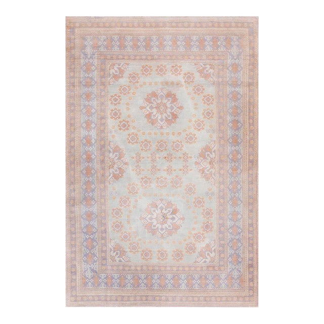 1920s Ivory Medallion Antique Indian Agra Cotton Rug 4'6" X 6'9" Knotted Pile Wool Carpet For Sale