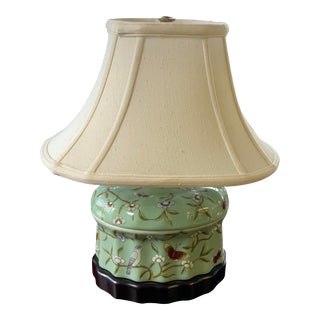 Late 20th Century Celadon Birds & Butterflies Pottery Lamp For Sale