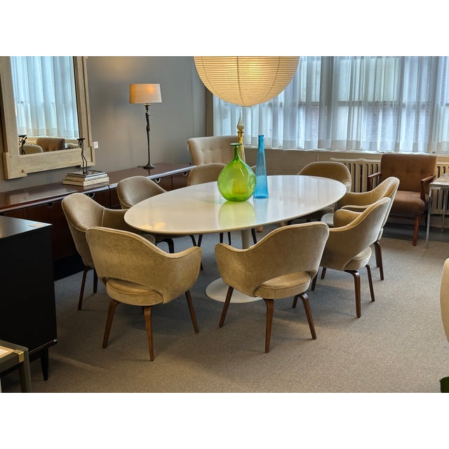 Beige Knoll Saarinen Executive Arm Dining Chairs in Sand Mohair, Walnut Legs For Sale - Image 8 of 9