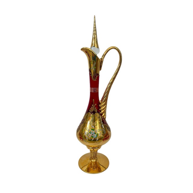 Wine Vintage Murano Glass E. Vianello Signed & Painted 24kt Ruby Decanter, 6 Wine, 5 Brandy. Set of 12 For Sale - Image 8 of 12